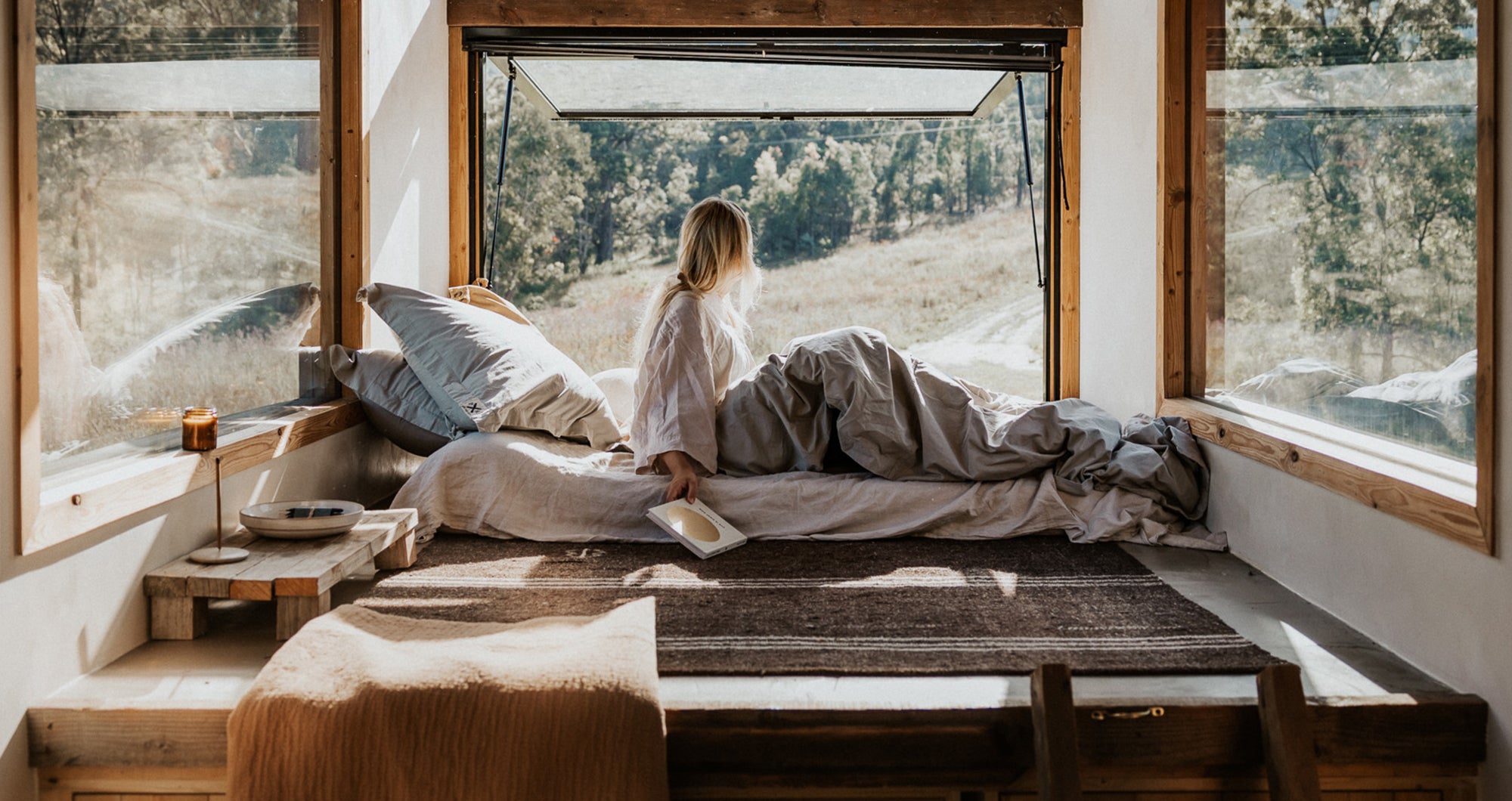 pale grey organic bedding in small house
