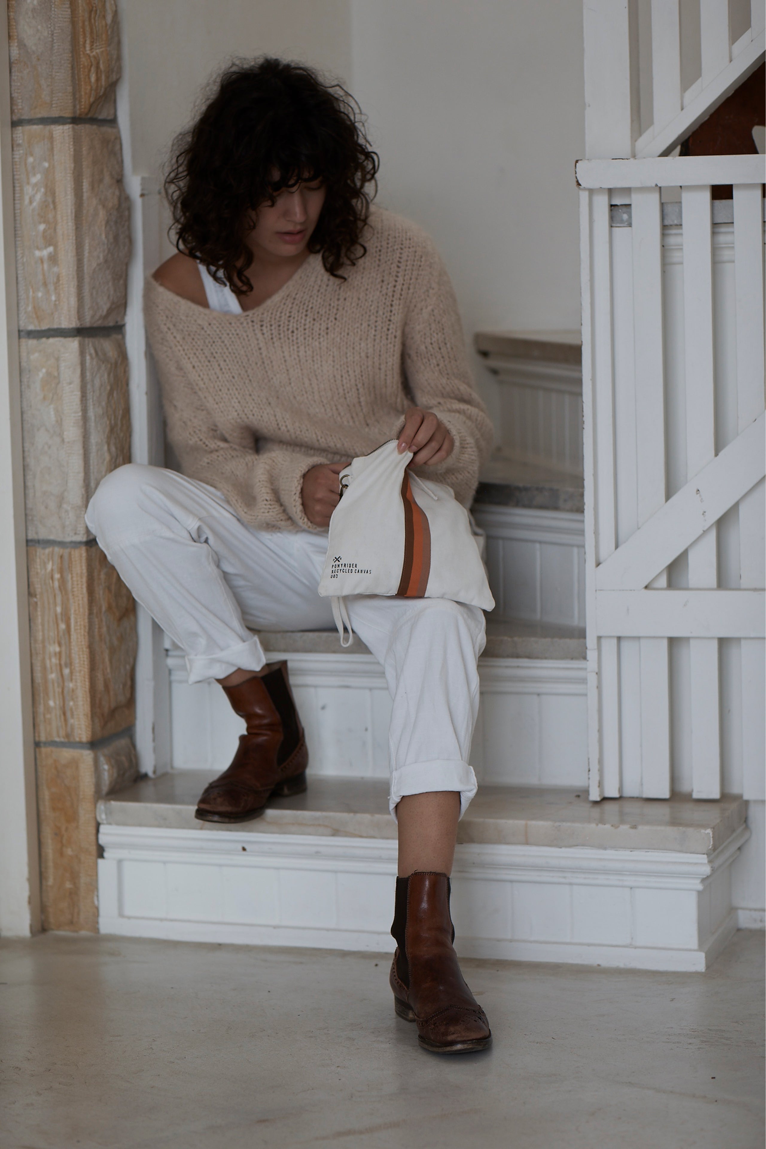 Escapee Clutch Bag with Strap | Upcycled | Natural Stripe