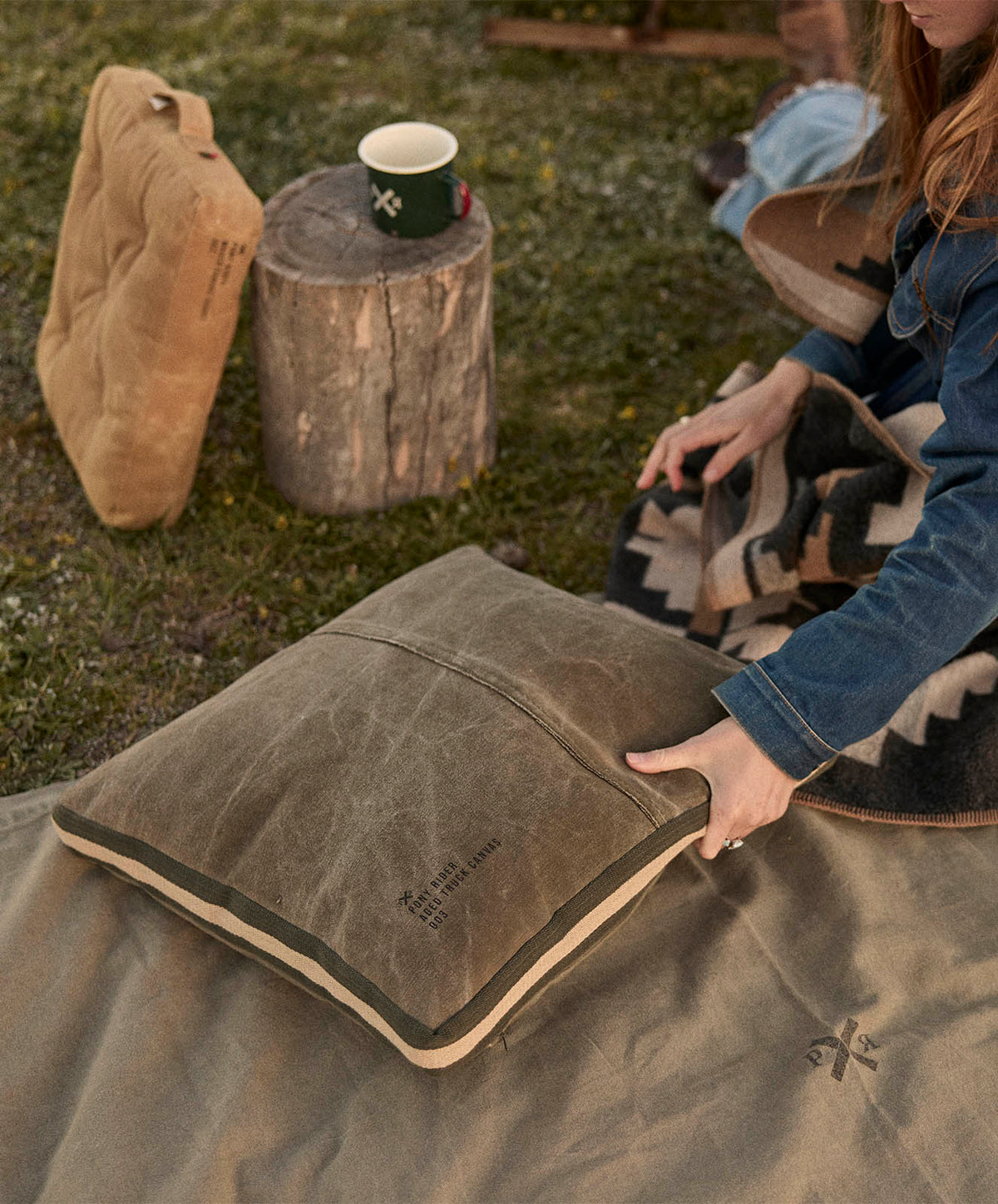 Mr Slow Cushion Cover | Khaki Upcycled with Olive | Lt Safari Tape