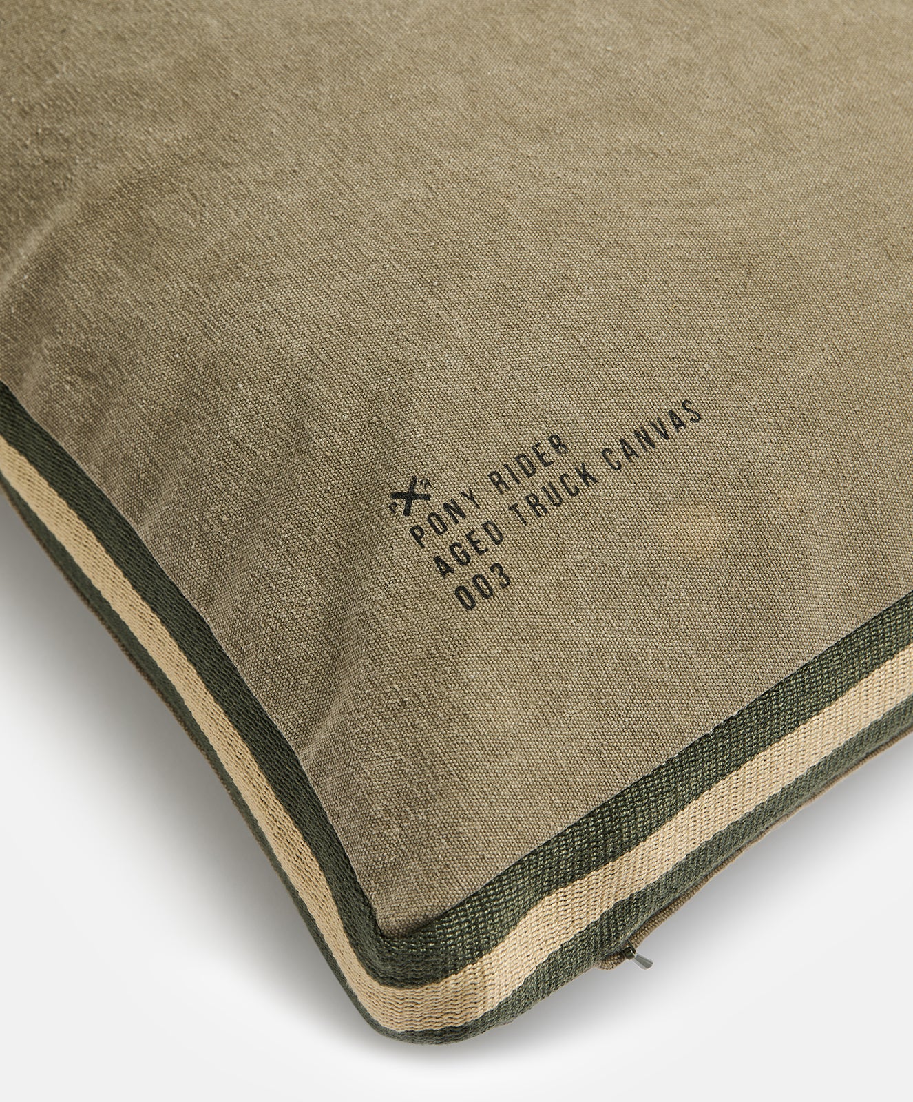 Mr Slow Cushion Cover | Khaki Upcycled with Olive | Lt Safari Tape