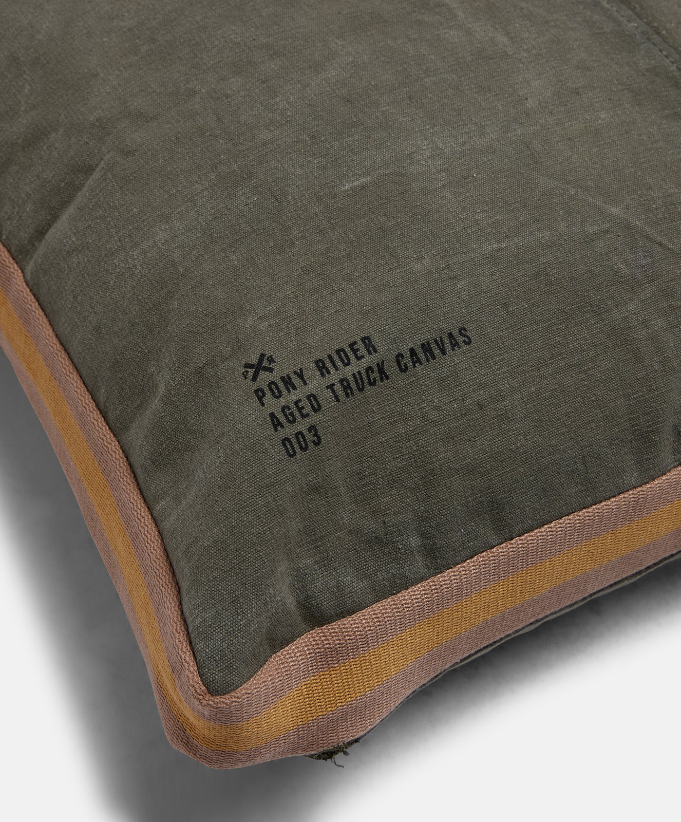 Mr Slow Cushion Cover | Khaki Upcycled with Donkey Pink & Clay Tape