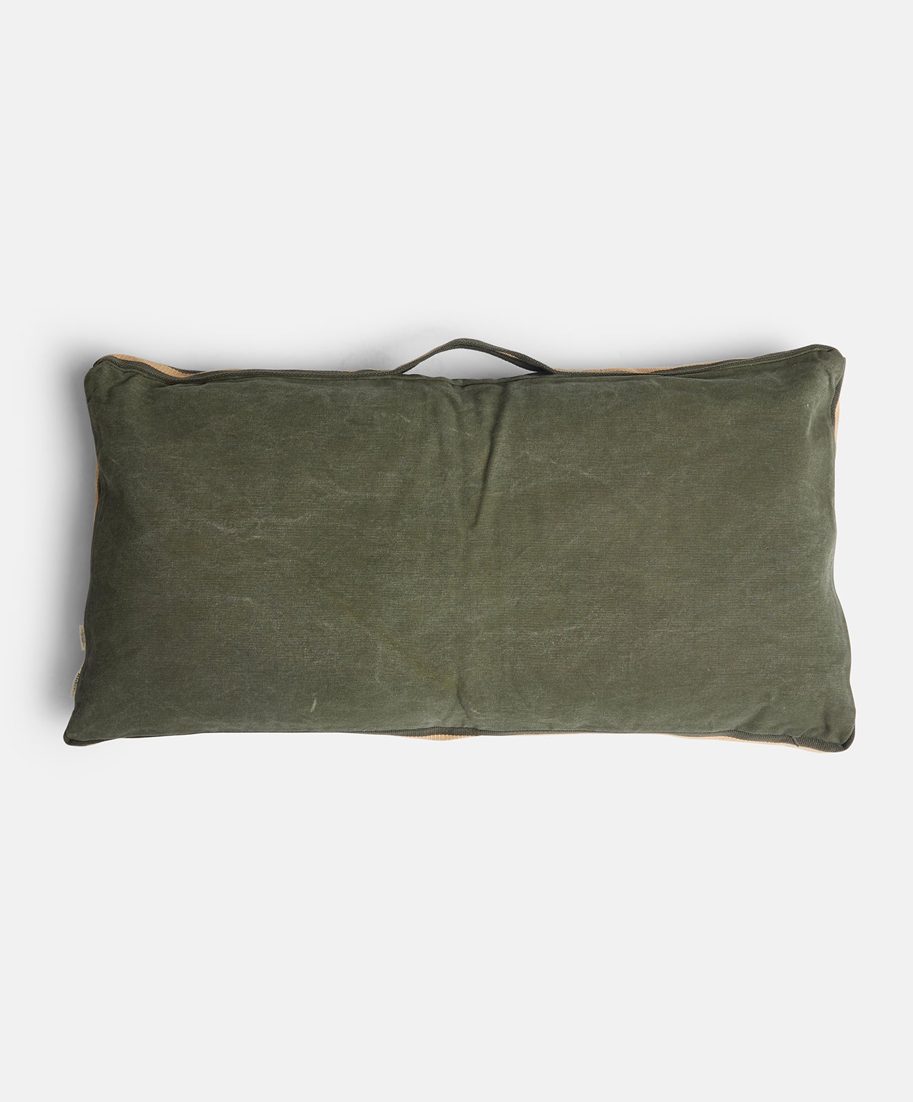 Mr Slow Cushion | Khaki Upcycled with Olive / Yellow Tape